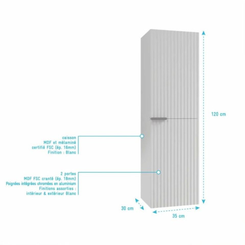 Colonne façade ondulée 35x30x120 cm - 2 portes en MDF blanc - MILO Aurlane - LAV1071