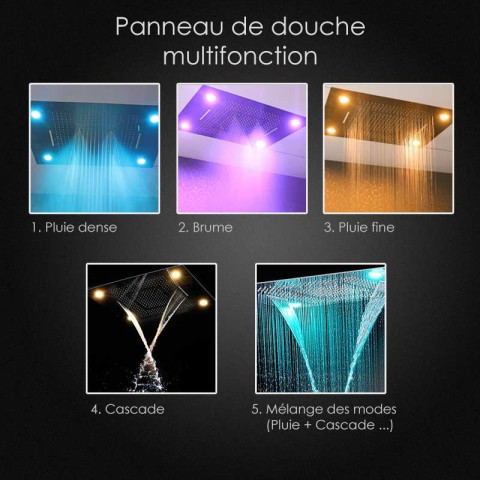 Composition de douche thermostatique avec ciel de pluie led et chromothérapie - 80x60 cm