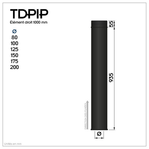 Lot de 5 tdpi1000 conduit double paroi isolé polycombustible longueur 100 cm    noir   ø175