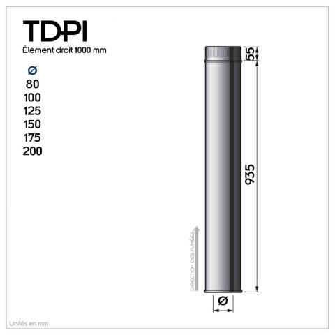 Tdpi1000 conduit double paroi isolé polycombustible longueur 100 cm    inox   ø200 - à l'unité
