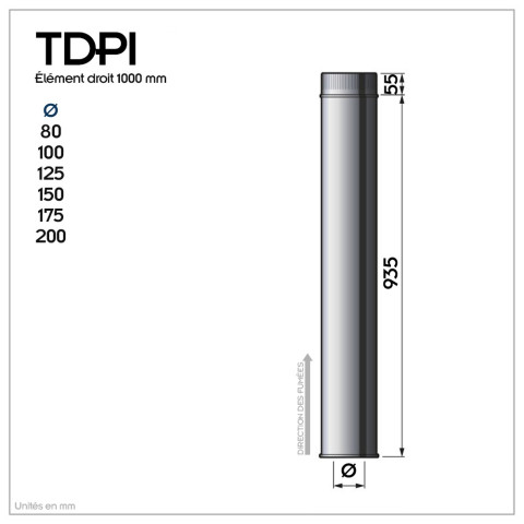 Lot de 3 tdpi1000 conduit double paroi isolé polycombustible longueur 100 cm    inox   ø175