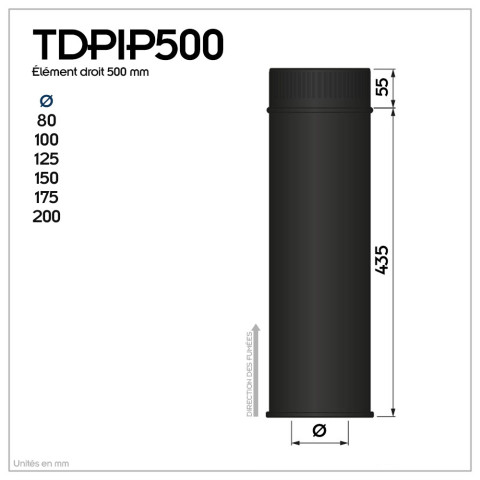 Tdpi500 conduit double paroi isolé polycombustible longueur 50 cm    noir   ø200 - à l'unité