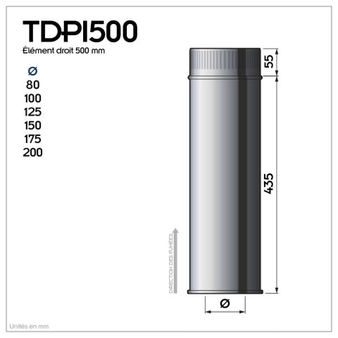 Tdpi500 conduit double paroi isolé polycombustible longueur 50 cm    inox   ø175 - à l'unité