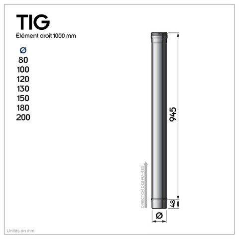 Tig1000 conduit simple paroi étanche polycombustible longueur 100 cm       ø120 - à l'unité