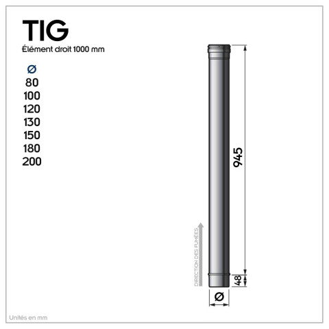 Tig1000 conduit simple paroi étanche polycombustible longueur 100 cm       ø100 - à l'unité