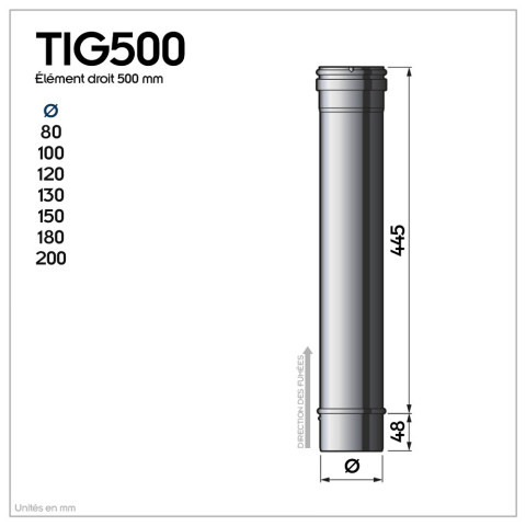 Lot de 5 tig500 conduit simple paroi étanche polycombustible longueur 50 cm       ø180