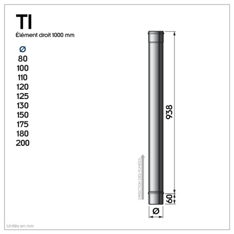 Ti1000 conduit simple paroi pour bois fioul longueur 100 cm       ø180 - à l'unité