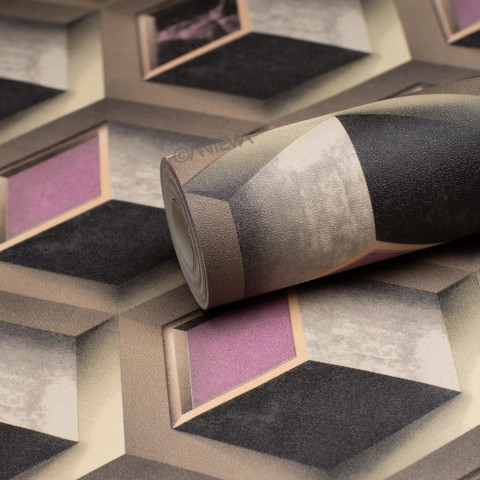 Papier peint intissé vinyle - Effet 3D - Modèle cube violet