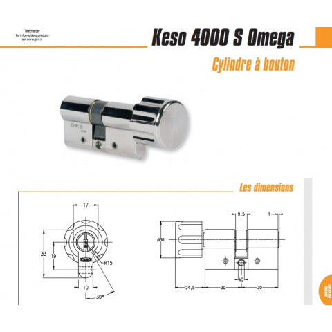 Cylindre à bouton symétrique KESO 4000 S OMEGA JPM SAS Long. 60mm 41719W-02-0A