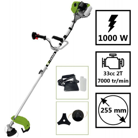 Debroussailleuse thermique 33cc itools moteur 2temps 1000w  arbre détachable coupe 255mm + lame + tête fil auto + gilet + doseur