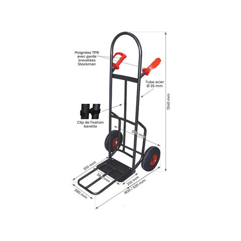 Diable acier ht300/luk2-rsn bavette fixe et repliable 300kg roues premium caoutchouc noir d250mm stockman