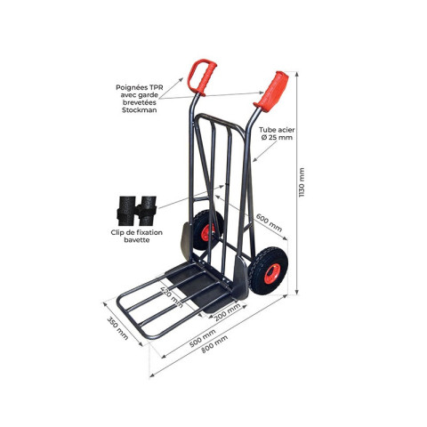 Diable acier bavette fixe et repliable 300kg roues caoutchouc noir