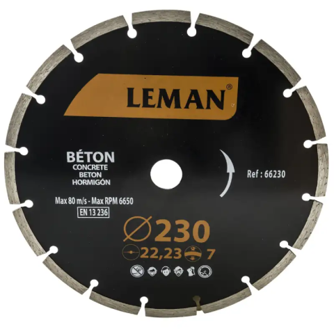 Disque diamant à segments - D. 230 x 2.5 x 22.23 mm - HT. 7 mm - Béton - LEMAN - 66230