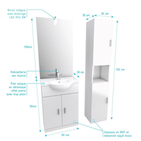 Ensemble de salle de bain blanc 60cm + vasque en céramique blanche + miroir LED + colonne 2 portes - THRIFTY Aurlane - PACM001