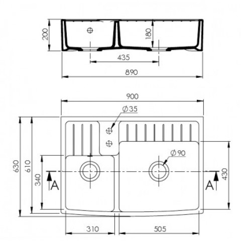 Evier céramique timbre d'office 2 bacs baroque anthracite