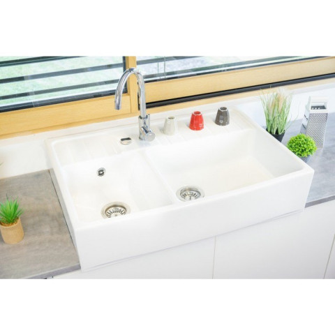 Évier Céramique Timbre D'office 2 Bacs Country Blanc 90 cm