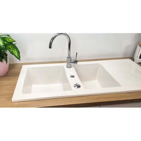 Evier céramique à encastrer Lingot Blanc Sarreguemines - 2 cuves avec égouttoir