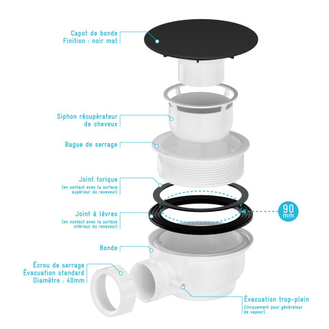 Bonde de receveur diamètre 90 mm - évacuation horizontale - Couleur au choix