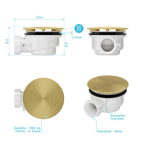 Bonde de receveur diamètre 90 mm - évacuation horizontale - Couleur au choix