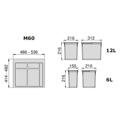 Kit poubelle de tri sélectif pour tiroir de cuisine avec socle Recycle hauteur 216mm, 1x12litres, 2x6litres, module 600mm, Plastique gris anthracite