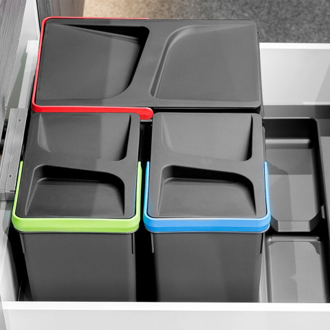 Kit poubelle de tri sélectif pour tiroir de cuisine avec socle Recycle hauteur 266mm, 1x15litres, 2x7litres, module 600mm, Plastique Gris antracite