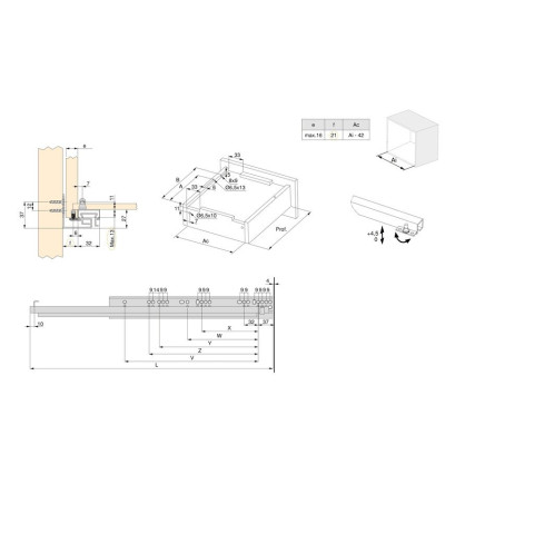 Jeu de coulisses invisibles Silver, Coulisse à sortie totale, fermeture amortie, profondeur 250mm, acier, zingué