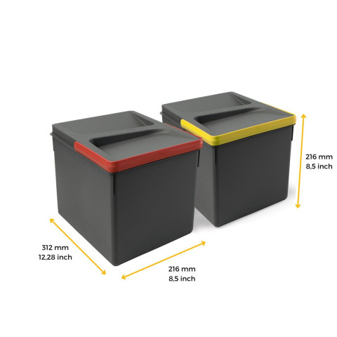 Kit de bacs de tri sélectif pour tiroirs de cuisine Recycle hauteur 216mm, 2x12litres, Plastique gris anthracite
