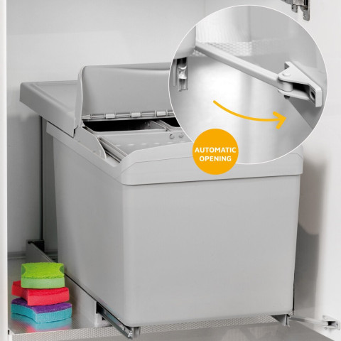 Poubelle de recyclage pour fixation inférieure et extraction automatique dans caisson de cuisine 1x16litres 2x7,5litres, Plastique gris
