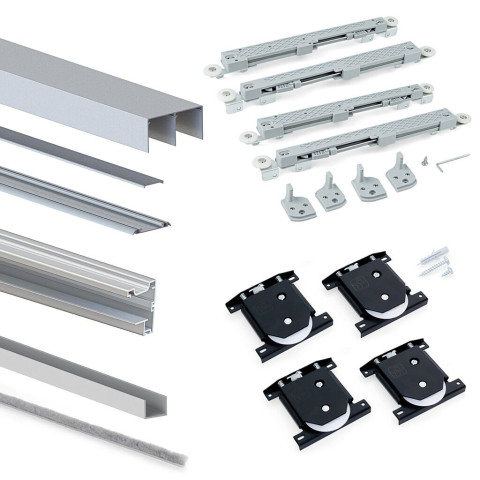 Kit de ferrures pour Placard 90 2 portes coulissantes et armoire à fermeture souple, profilé Vall, épaisseur 19mm, panneaux non inclus, anodisé mat