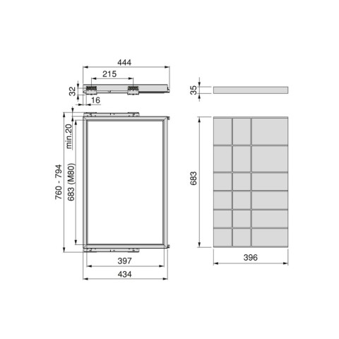 Kit de organiser de tiroirs et cadre coulissant soft close pour armoires, réglable, module 800mm, Noir texturé et Gris pierre