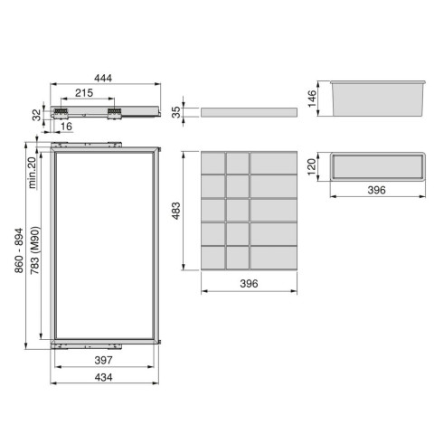 Kit de organisateur de tiroirs, plateau auxiliaire et cadre de coulissage soft close pour armoires, rÃ©glable, module 900mm, Gris pierre