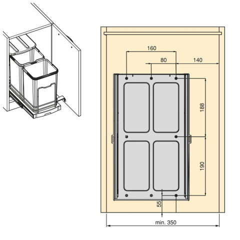 Bac à recyclage pour montage inférieur et extraction manuelle/automatique dans les éléments de cuisine, Inox 2x12 litres plastique et acier inoxydable