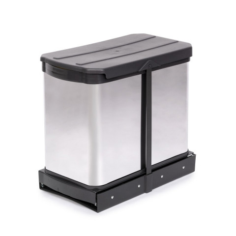 Bac à recyclage pour montage inférieur et extraction manuelle/automatique dans les éléments de cuisine, Inox 2x12 litres plastique et acier inoxydable