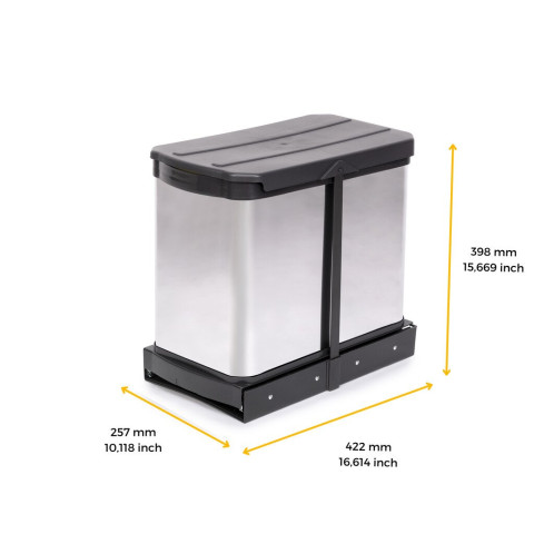Bac à recyclage pour montage inférieur et extraction manuelle/automatique dans les éléments de cuisine, Inox 2x12 litres plastique et acier inoxydable