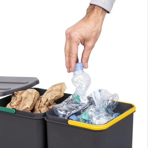 Poubelle de recyclage pour montage inférieur et extraction manuelle/automatique pour meuble de cuisine Recycle 2x12litres, Plastique gris anthracite