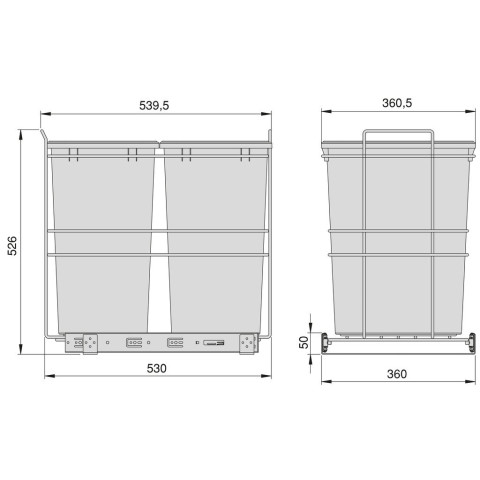 Poubelle de recyclage pour montage inférieur et extraction manuelle pour meuble de cuisine Recycle 2x35litres, Plastique gris anthracite