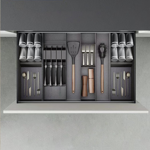Orderbox Porte-couteau pour tiroir, 150x470mm, Acier et Bois, Gris antracite