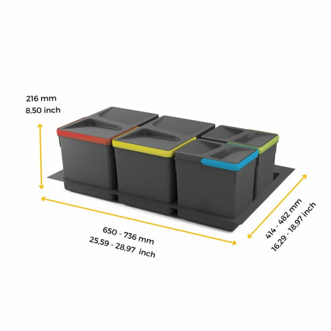 Kit poubelle de tri sélectif pour tiroir de cuisine avec socle Recycle hauteur 216mm, 2x12litres, 2x6litres, module 800mm, Plastique gris anthracite