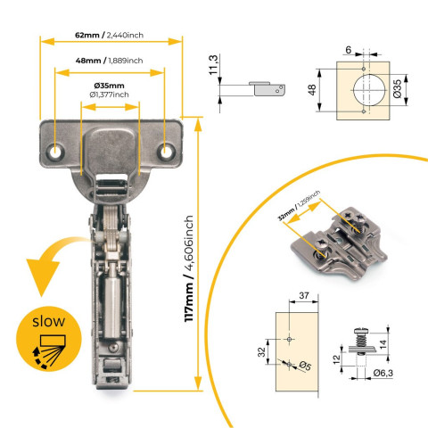 Lot de 20 charnières coudées X91 avec fermeture amortie et embases Euro, hauteur 0, nickelé, titane