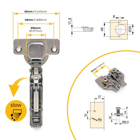Lot de 10 charnières droites X91 à ouverture de 165 degrés avec fermeture amortie et embases euro, hauteur 0, acier, titane