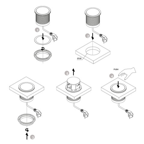 Multiconnecteur Vertikal Push diamètre 100mm, 3 prises de type Schuko, 1 USB type A, 1 USB type C, Acier et Plastique, couleur au choix