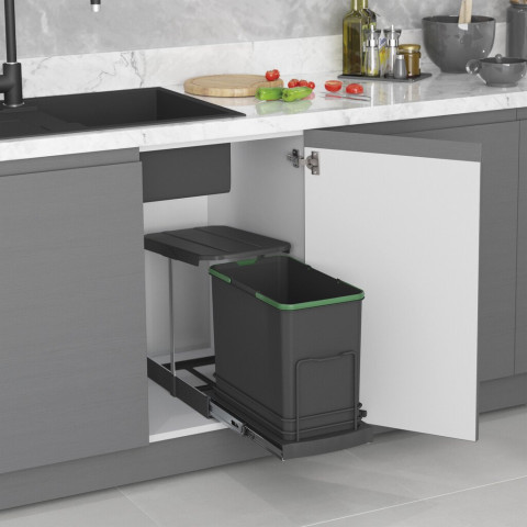 Poubelle de recyclage Recycle pour cuisine, 24 L, fixation au fond et extraction manuelle/automatique, Plastique gris antracite