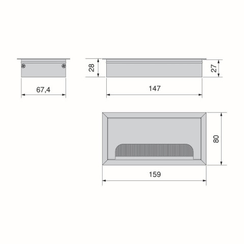 Passe-câbles de table Emuca Quadrum, rectangulaire, 159x80mm, à encastrer, Aluminium, Peint en noir
