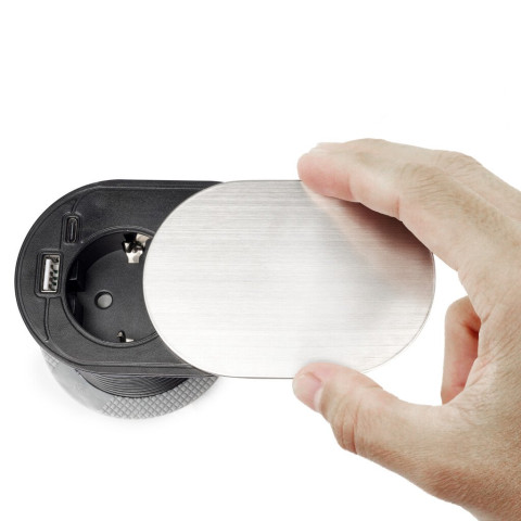 Multiconnecteur Vertikal Flat 60, diamètre 60mm, 1 x prise Schuko, 1 x USB Type A, 1 x USB Type C, Acier et Plastique, Acier inoxydable