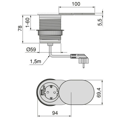 Multiconnecteur Vertikal Flat 60, diamètre 60mm, 1 x prise Schuko, 1 x USB Type A, 1 x USB Type C, Acier et Plastique, Acier inoxydable
