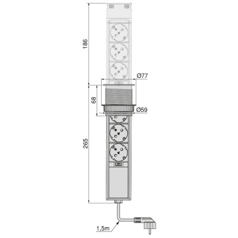Multiconnecteur Vertikal Push 60, diamètre 60 mm, 3 prises de type Schuko, 1 USB de type A, 1 USB de type C, Acier et plastique, Acier inoxydable