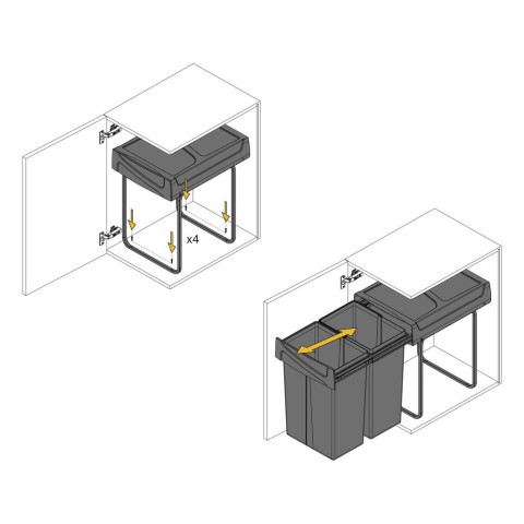 Bac de tri sélectif a montage inférieur et extraction manuelle pour élément de cuisine Recycle, 2x25litres, Plastique gris antracite