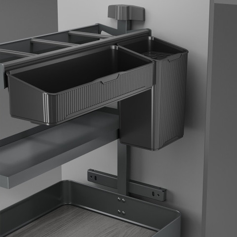 Chariot extractible avec paniers et accessoires Harmony avec fermeture à amortie, Acier et Bois, Gris anthracite - dimensions aux choix