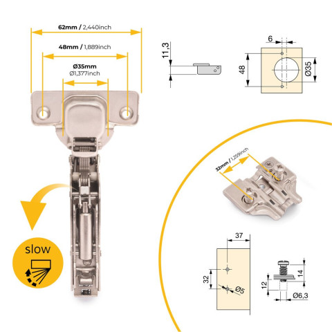 Lot de 20 charnières super coudées X91 avec fermeture amortie et embases Euro, Hauteur 0, Acier, Nickelé
