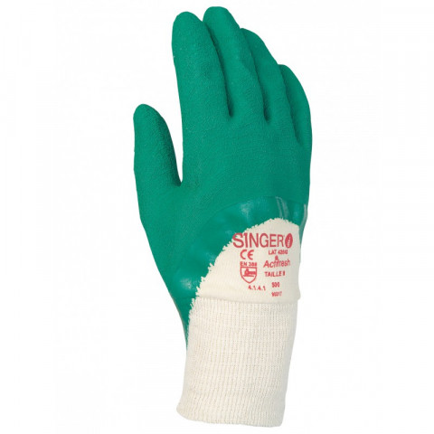 Gant manutention singer latex crêpé vert milieux humides enduit 30cm dos aéré paume latex crêpée poignet tricot - Taille au choix